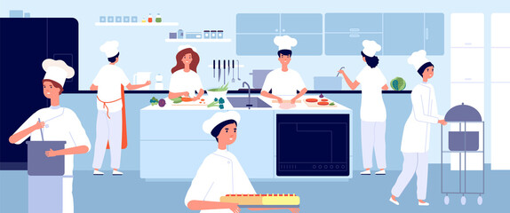 Professional cooking kitchen. Restaurant cook, commercial food industry. Flat chef and waiter. Cafe cooking, hospitality vector illustration. Professional kitchen cooking, teamwork cook in restaurant