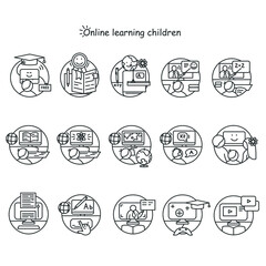Online education icons set.Online education and e-learning concept. Web school, business training courses, distance teaching and home learning.Thin line vector illustration.Editable stroke
