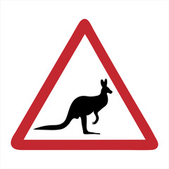 Vector silhouette of attention mark with kangaroo on white background. Symbol of danger.
