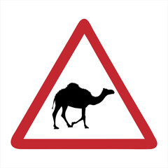 Vector silhouette of attention mark with camel on white background. Symbol of danger.