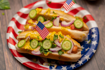 Hot dogs with pickles and the American flag