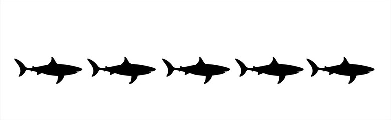 Vector silhouette of set of sharks on white background. Symbol of ocean animals.
