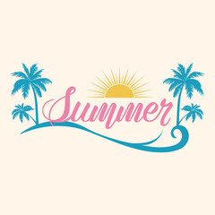 Fototapeta na wymiar Summer vector illustration with hand lettering. Template badge, sticker, banner, greeting card or label.
