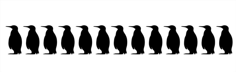 Vector silhouette of collection of penguins on white background. Symbol of Arctic animals.