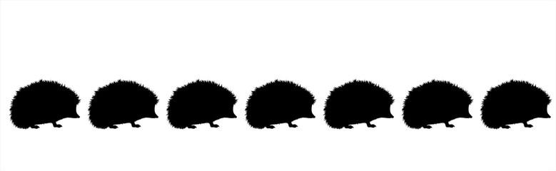 Vector silhouette of collection of hedgehog on white background. Symbol of forest animals.