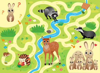 Help the little lost hare find the way to his family. Color maze or labyrinth game for preschool children. Puzzle. Tangled road. Forest animals for kids