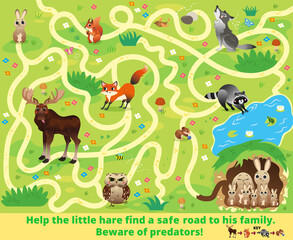 Help the little hare find a safe road to his family. Beware of predators! Color maze or labyrinth game for children. Puzzle. Tangled road. Forest animals for kids