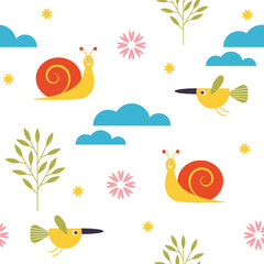 Seamless kids pattern, vector illustration, textile design, fabric pattern. Cute snail and bird on a white background.

