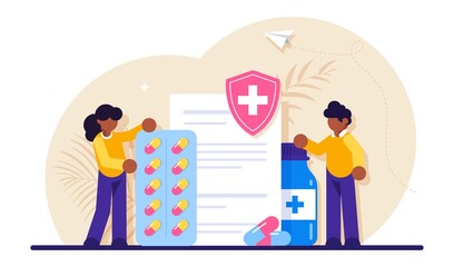 Medicine pill for disease treatment and prescription form. Medication concept. Collection of pharmacy drug in bottle and box. Modern flat illustration.