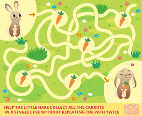 Help the little hare collect all the carrots in a single line without repeating the path twice. Color maze or labyrinth game for preschool children. Puzzle. Tangled road. Forest animals for kids