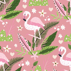 Tropical white flamingo bird seamless summer pattern. Exotic ornate vector wallpaper with pink wild animals and jungle floral illustraions on a pink background.