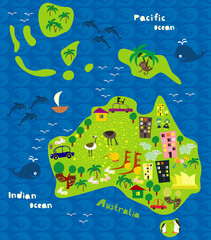 Cartoon map of Australia with animals. Vector illustration