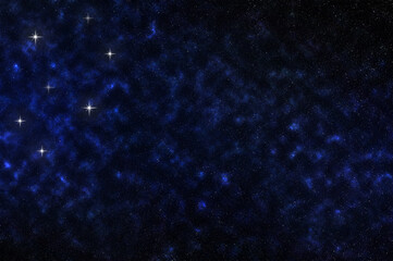 Abstract dark cosmic sky background with distant little stars and light from milky way. Some big stars shining on sky.