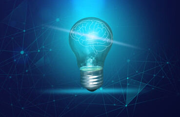 Idea generation and brainstorming. Glowing brain in light bulb.