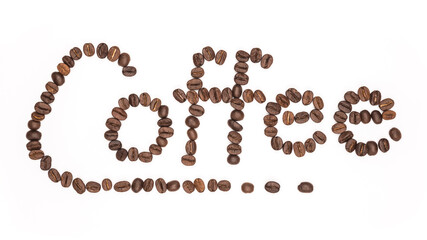 Letter the word coffee made of coffee beans, isolated on white. Concepts, alphabet, Font