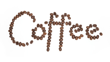 Letter the word coffee made of coffee beans, isolated on white. Concepts, alphabet, Font