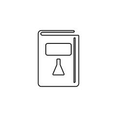 Science book icon. Book with chemistry flask sign. Laboratory experiment manual.