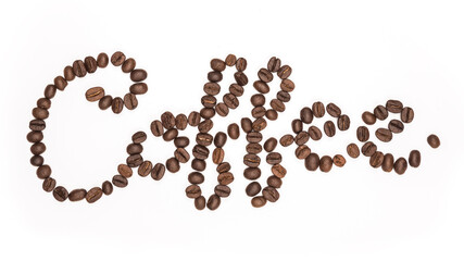 Letter the word coffee made of coffee beans, isolated on white. Concepts, Font made coffee beans