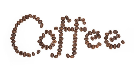 Letter the word coffee made of coffee beans, isolated on white. Concepts, alphabet, Font