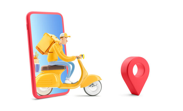 Express online delivery concept. 3d illustration. Cartoon character. The courier in yellow uniform is in a hurry to deliver the order on a  motor bike.