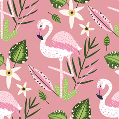 Tropical white flamingo bird seamless summer pattern. Exotic ornate vector wallpaper with pink wild animals and jungle floral illustraions on a pink background.
