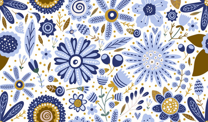 Floral ornate seamless cartoon pattern. Summer vector vintage background. Textured  flower summer illustration. Decorative botanical drawing.
