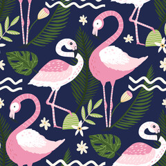 Tropical white flamingo bird seamless summer pattern. Exotic ornate vector wallpaper with pink wild animals and jungle floral illustraions on a pink background.