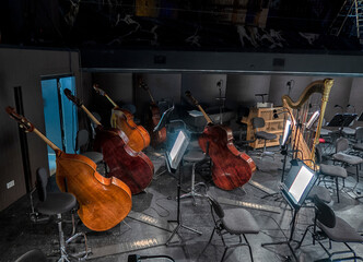 Contrabass on stage in front of an empty hall