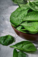 Fresh spinach in an old bowl on a gray background. Selective focus, horizontal. environmental packaging. Delivery of products, copies of space, photos for the catalog of stores.