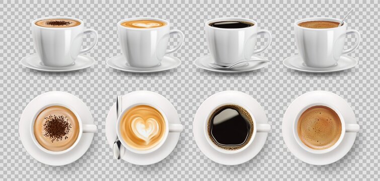 3d Realistic Vector Isolated White Cups Of Coffee With Spoon, Top And Side View, Cappuccino, Americano, Espresso, Mocha, Latte, Cocoa