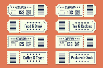 Set of coupons ticket card front and back in a flat design. Food and drink, coffee and toast, tea and cookies, popkorn and soda