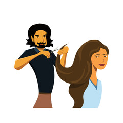 Hairdresser cuts the hair of the customer, flat design cartoon vector illustration