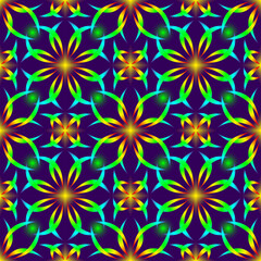 Seamless endless repeating multicolored bright ornament of different colors on combined background