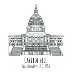Hand drawn isolated vector  famous landmark of capitol hill, Washington, D.C., USA.