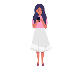 Girl with a phone isolated on a white background in a flat style. A woman is looking at the phone. Vector