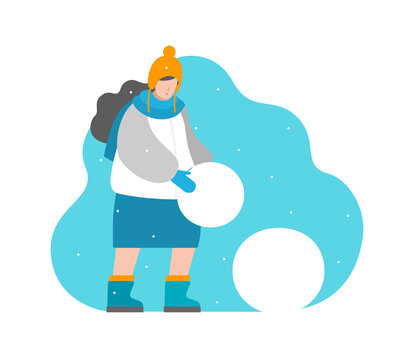Cute vector concept in flat style. Girl sculpts snowman, rolling a ball. Winter vacation, time for outdoor activities. Woman is in finnish earflaps, down jacket, felt boots. Blue, orange colors