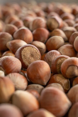 Close up hazelnuts. Hazelnut composition and backgorund. Turkish hazelnuts. organic natural food. nuts
vertical framing. food photos