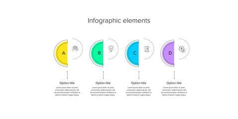 Business process chart infographics with 4 step circles. Circular corporate workflow graphic elements. Company flowchart presentation slide template. Vector info graphic design.