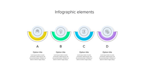 Business process chart infographics with 4 step circles. Circular corporate workflow graphic elements. Company flowchart presentation slide template. Vector info graphic design.