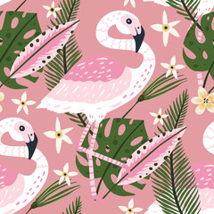 Tropical white flamingo bird seamless summer pattern. Exotic ornate vector wallpaper with pink wild animals and jungle floral illustrations on a pink background.