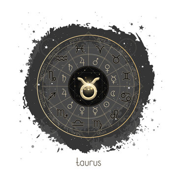 Vector illustration with Horoscope circle, pictograms astrology planets, Zodiac signs and constellation Taurus on a grunge background. Image in gold and black color.