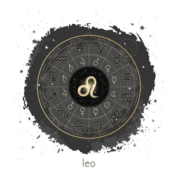 Vector illustration with Horoscope circle, pictograms astrology planets, Zodiac signs and constellation Leo on a grunge background.  Image in gold and black color.