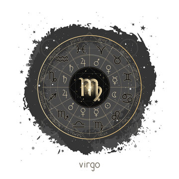 Vector illustration with Horoscope circle, pictograms astrology planets, Zodiac signs and constellation Virgo on a grunge background.  Image in gold and black color.