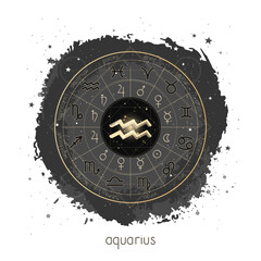 Vector illustration with Horoscope circle, pictograms astrology planets, Zodiac signs and constellation Aquarius on a grunge background.  Image in gold and black color.