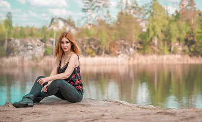 Relaxing tranquil time. Woman in canyon thinking about something 