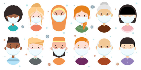 People of different nationalities in medical masks. Characters in flat style. Virus, coronovirus. Vector