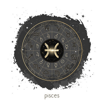 Vector illustration with Horoscope circle, pictograms astrology planets, Zodiac signs and constellation Pisces on a grunge background.  Image in gold and black color.
