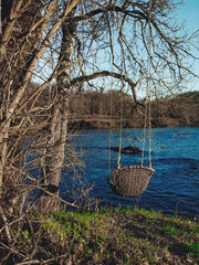Lonely chair swing overlooking a flowing blue river among trees on a cold december morning