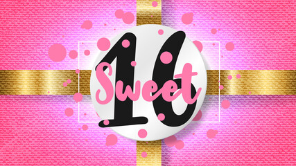 Sweet 16. Number on white round sticker, gold ribbon on pink grunge background. Template for Sixteenth girl birthday invitation design. Vector illustration - Powered by Adobe
