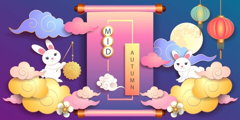 Mid autumn festival / Chinese festival with the moon, moon cake, rabbits, cloud, lantern and flowers on blue paper. Vector illustration © Pawan